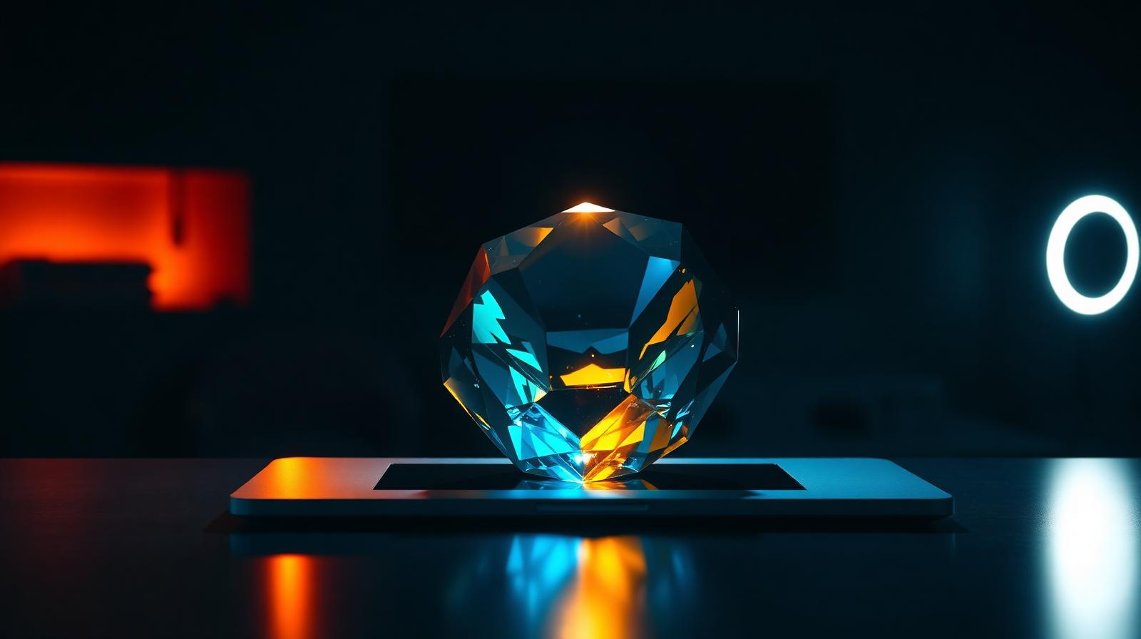 Dark editorial scene of a glowing prismatic gemstone refracting blue and amber light over a sleek laptop, symbolizing Google Gemini prompt engineering