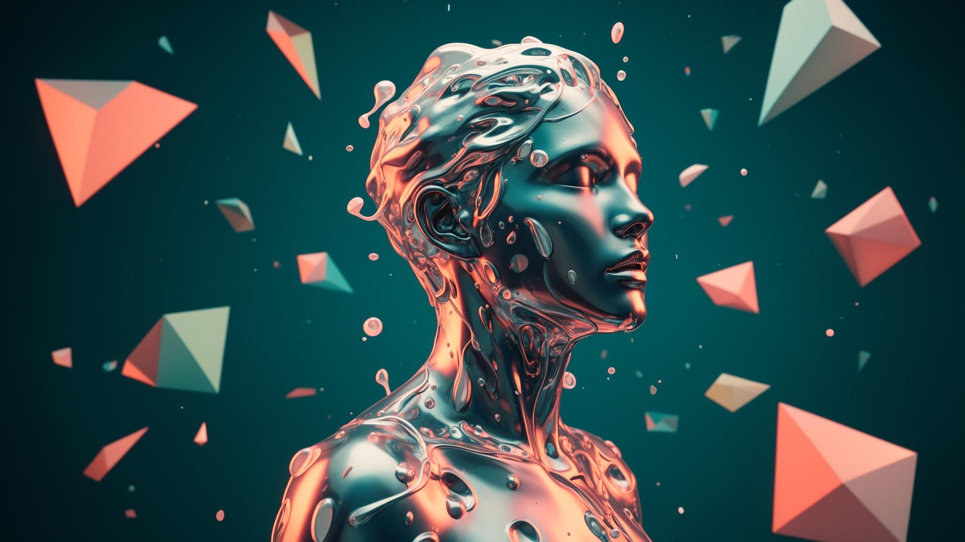 Surreal liquid chrome portrait with floating geometric color shards, illustrating creative Midjourney prompt outputs