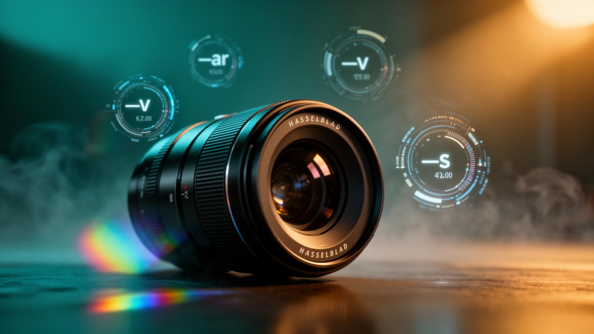 Hasselblad lens with floating holographic Midjourney parameter dials representing V6 flags