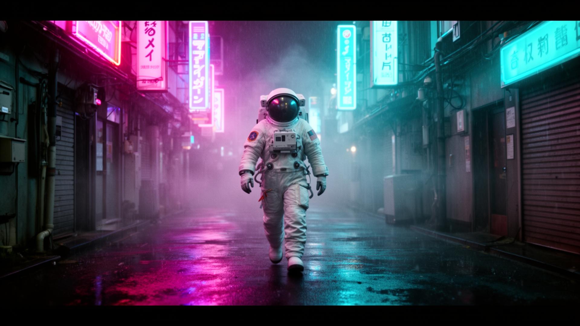 Cinematic Sora 2 style frame of an astronaut walking through a neon-lit Tokyo alley at night, illustrating AI video prompt structure